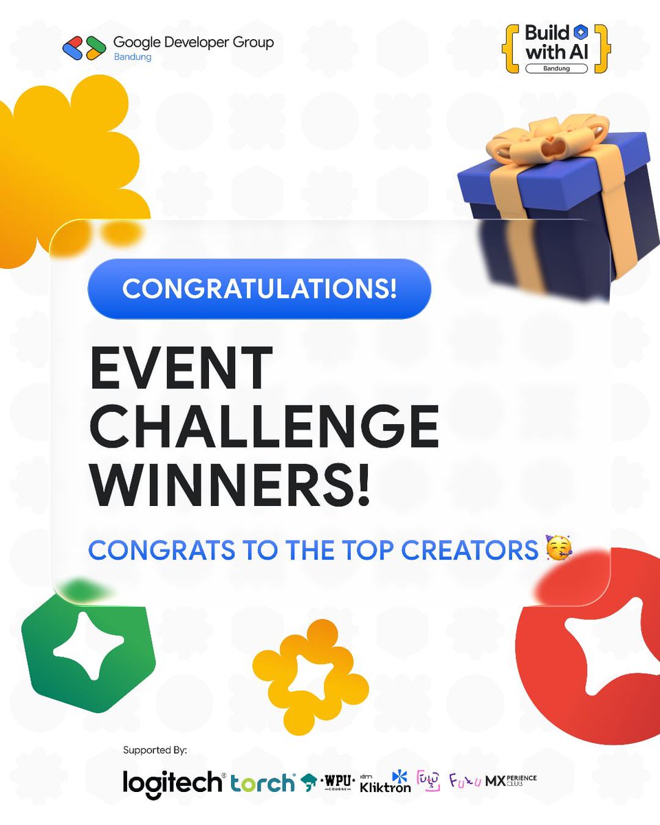 GDGBandung's tweet photo. THE RESULTS ARE IN! 🏆✨

We were absolutely blown away by the creativity and innovation shown in the Build with AI Bandung 2026 Event Challenge! 

#BWAI2026 #GDGBandung #BuildWithAI #EventChallenge https://t.co/9x0Ow6lUO5