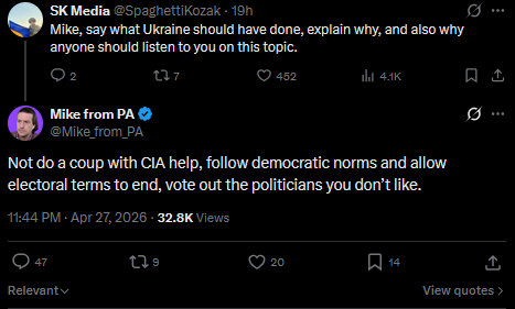 The_Davos_Man's tweet photo. Reminder that the prominent DSA member Mike from PA spouts the Russian propaganda lie that the 2014 Maidan was a CIA coup. Which is the narrative Russia uses to justify this war. 

I wouldn't be surprised if many in the DSA believe the same bullshit. https://t.co/Qn6u0UIvR9