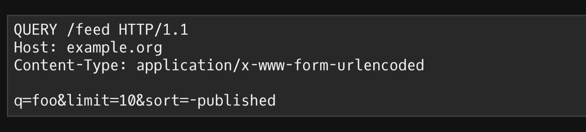 hoseinhdev's tweet photo. Finally, HTTP has a proper QUERY method. Safe + idempotent like GET, but with a real request body like POST. No more cramming complex JSON into query strings or abusing POST for reads! This will clean up APIs, caching, and semantics. #HTTP #WebDev #APIs #Backend #HTTPQUERY https://t.co/4xyh3NOCGt