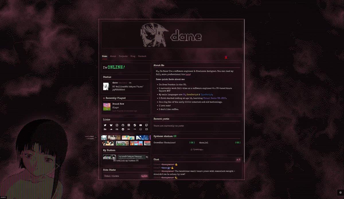 danewrx's tweet photo. I've rewritten my website! 

its now completely written in sveltekit -  I also added a bunch of cool stuff like website themes, custom chat emojis, custom chat sounds, and selectable neko cursors.

you should check it out! :)

↓↓↓ https://t.co/0uDLobSkr2