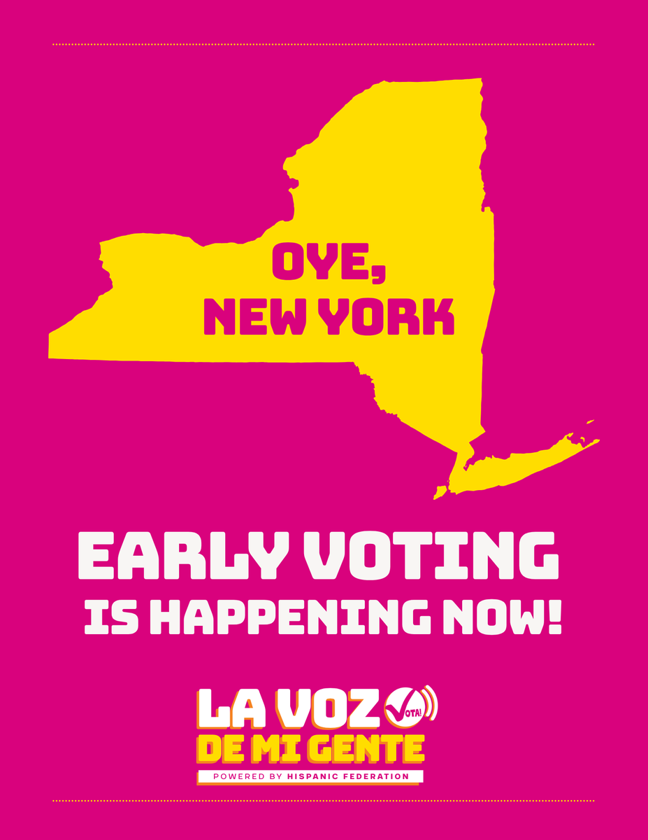 HispanicFed's tweet photo. Don’t leave an important decision until the last minute. People across the state are already voting in the New York primaries, and you can help decide who represents you in your city, in Albany, and in DC! 

Whether you’re an early bird or have a late shift, early voting gives you the flexibility to cast your ballot on your schedule. 

🗳️ Early Voting: June 13–21, hours vary by county 
📅 Primary Election Day: June 23, 6am to 9pm