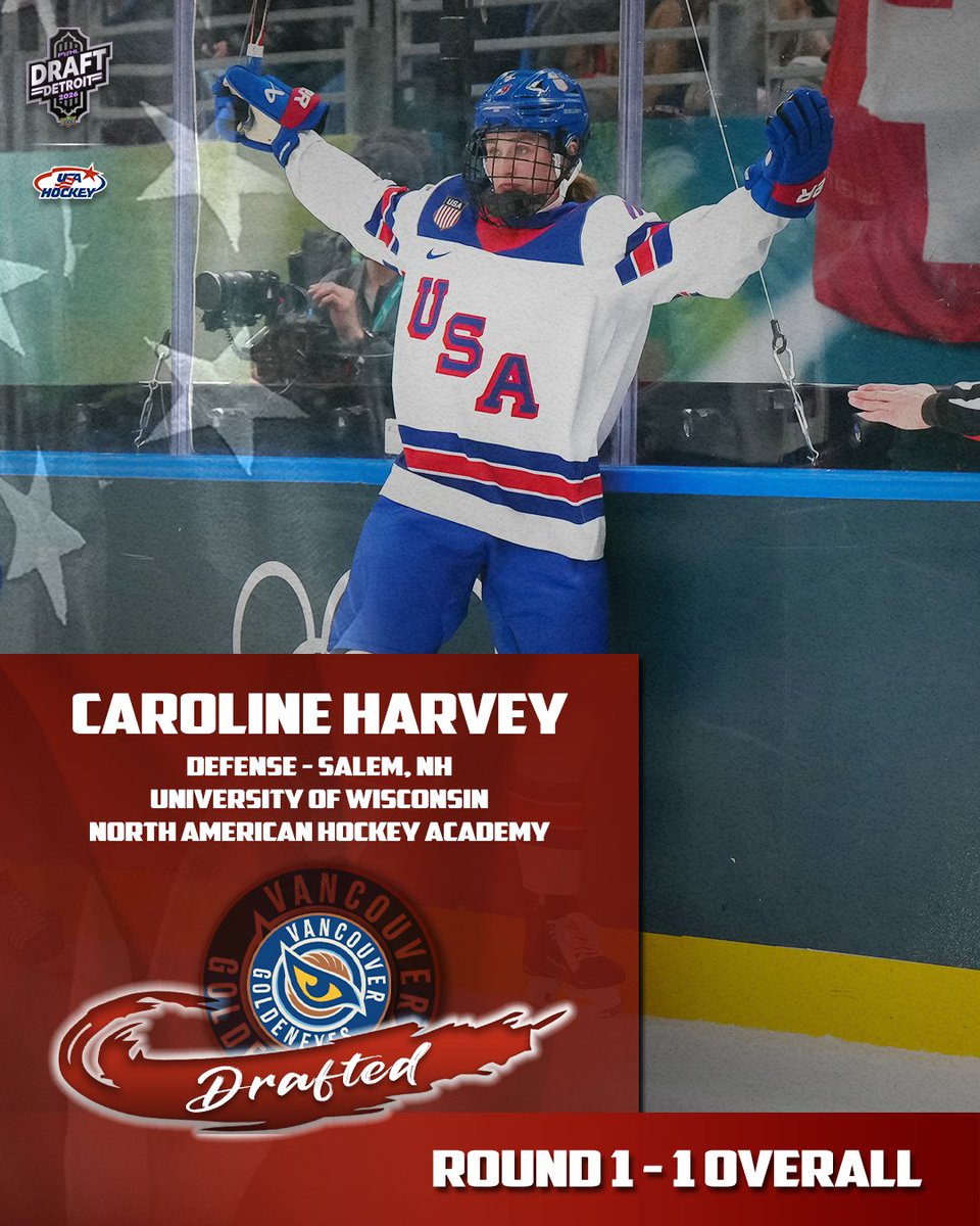 usahockey's tweet photo. NEVER A DOUBT ☝️ 

Caroline Harvey is your 2026 PWHL first overall draft pick. Congratulations, KK! https://t.co/PGNopOMuc1
