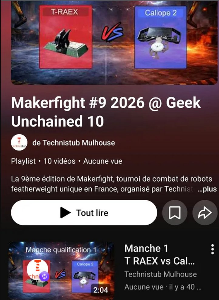 makerfight68's tweet photo. Les 4 premières manches de qualifications (sur 5) sont en ligne.
Sur cet article sur le site de Makerfight, vous pouvez accéder aux vidéos individuelles et à la playlist complète.
https://t.co/yUZGaXvXzd https://t.co/sHUFuz1ttl