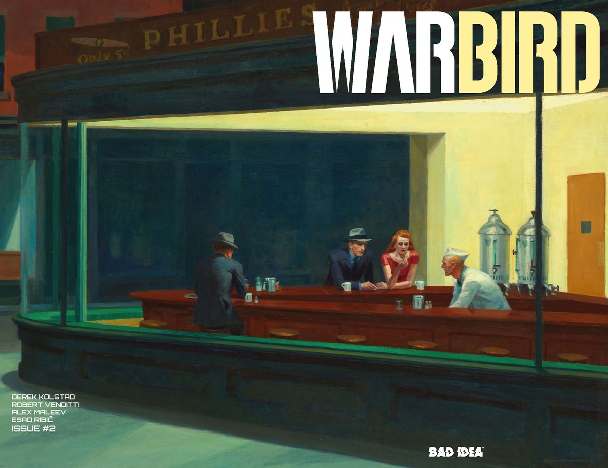 badideahello's tweet photo. Old Masters Edition For KOLSTAD, VENDITTI, MALEEV's WARBIRD Revealed!

July's global spy thriller WARBIRD brings together two absolute masters of the craft -- Eisner Award-winning comics legend Frank Quitely (ALL-STAR SUPERMAN) on designs and covers and Eisner Award-winning master illustrator Alex Maleev (DAREDEVIL) on interior art.

So it’s only fitting to bring aboard a world-renowned master painter for -- WARBIRD OLD MASTERS EDITION!

Featuring one of the greatest, most iconic works of art ever to grace the cover of a comic book. BAD IDEA is proud to introduce to comic books the genius of Edward Hopper.

Pre-order WARBIRD #2 Old Masters Edition to secure your very own copy of one of the most famous American paintings of all time -- Nighthawks (1942).

MORE:
https://t.co/UxsONykUTB