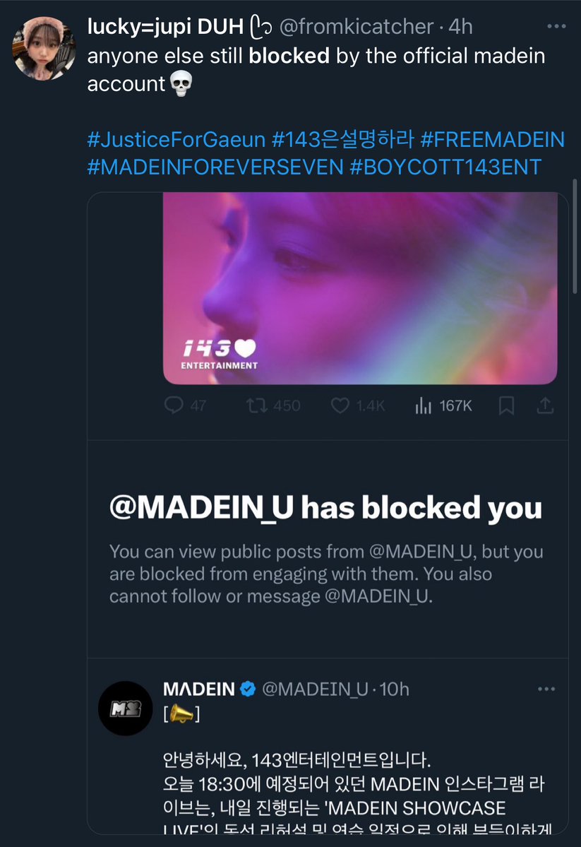 hikactrl's tweet photo. just a reminder that madein's official twitter account blocked fans for speaking about the situation https://t.co/q4KbVDpXOo