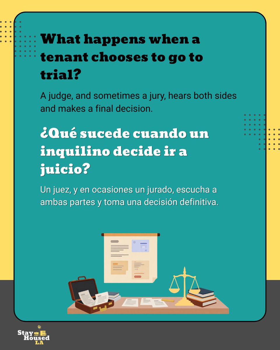 stayhousedla's tweet photo. (1/2) In part 5 of our series, The Eviction Process, we look at what happens if an eviction case goes to trial, and a judge or jury decides the outcome. Need help preparing your case? Stay Housed LA workshops walk tenants through each step. Sign up at https://t.co/Gx0dIsrXhE. https://t.co/PqL9OAt4zX