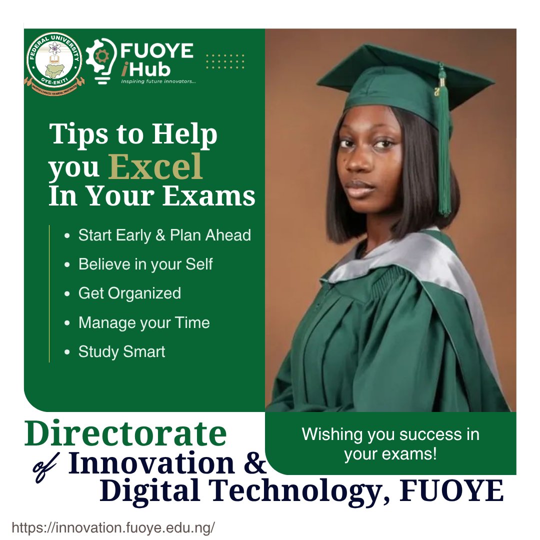 FUOyeNGR's tweet photo. Wishing all FUOYE students the absolute best of luck in their upcoming examinations!
You’ve got this. 💪✨
#FUOYE #FUOYEiHub #ExamTips #StudySmart https://t.co/Uo1MJi1elp