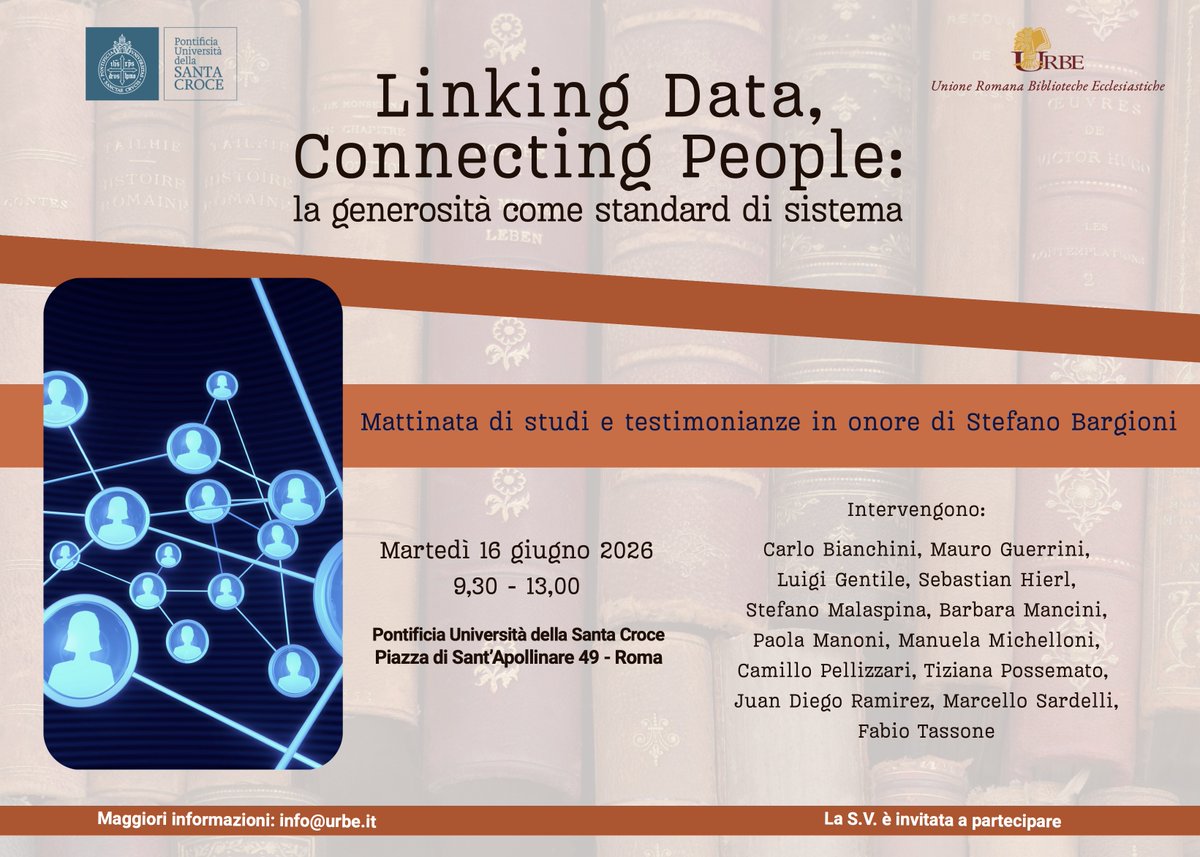 WikidataI's tweet photo. 🎉 Ieri alla Pontificia Università della Santa Croce mattinata di studi in onore di Stefano Bargioni:
Linking Data, Connecting People: la generosità come standard di sistema.
#LinkedData #Biblioteche #URBE
Foto: CC BY-SA 4.0 Epìdosis, Alexmar983 2026 Wikimedia Commons
🧵1/2 https://t.co/Z2V9yFrHIo