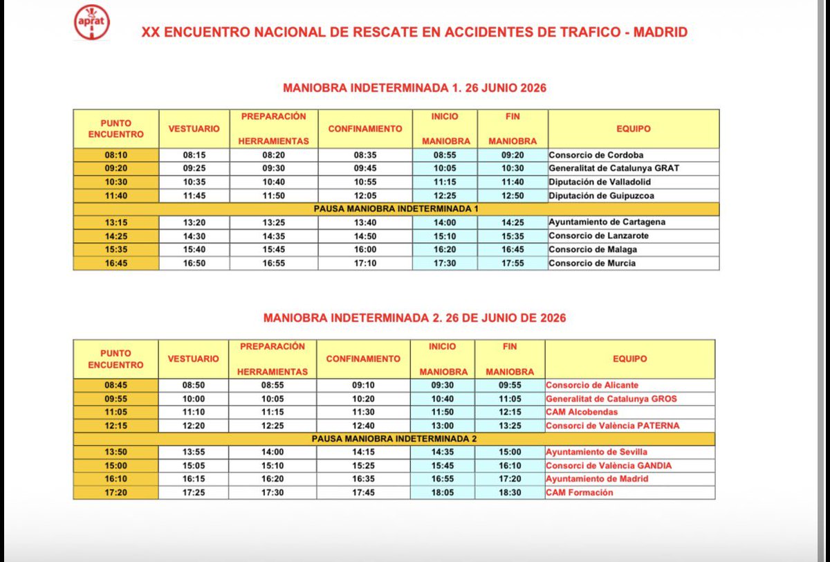 APRATSPAIN1's tweet photo. 🚑 Horarios oficiales #ENRATT26

📅 24, 25 y 26 de junio 📍 Madrid Arena

Ya puedes consultar los horarios de las competiciones de Rescate y Trauma.
Tres días de formación, competición y pasión por las emergencias.

#APRAT #Bomberos #Rescate #Trauma https://t.co/NI6kmDim69