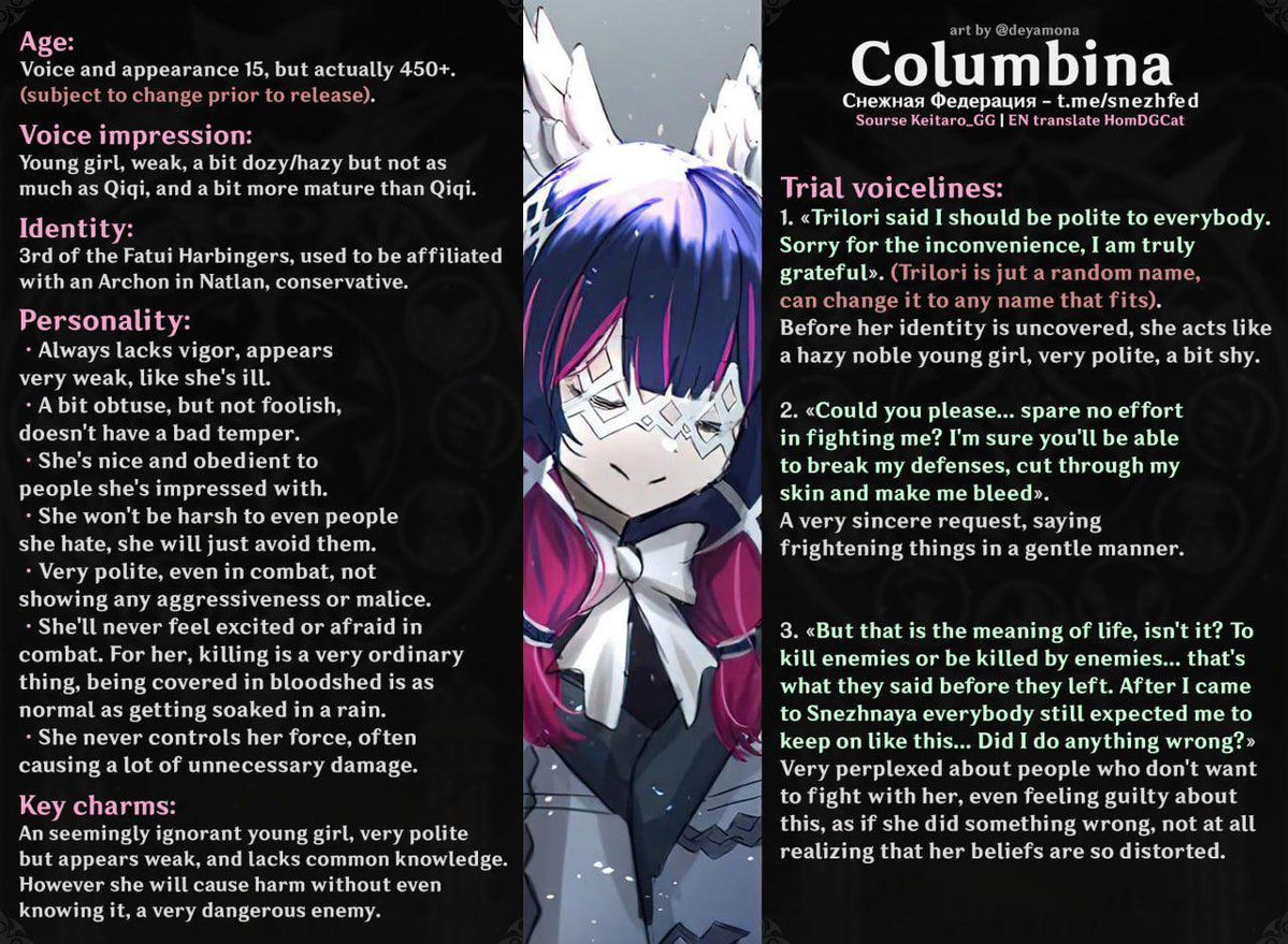 Retsyll's tweet photo. @teyvattabloid Say hello to leaked Voice Direction sheet for Columbina made around 2021 when they were casting a VA for WNL animation.

You people are bunch of illiterate imbeciles. https://t.co/rEflVfFzzG