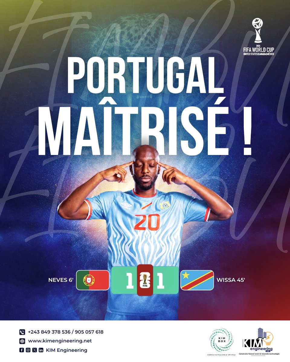 engineering_kim's tweet photo. 🇨🇩 Mission accomplie ! 
Nos Léopards répondent présents face au Portugal. Fiers de nos couleurs ! 💙❤️💛

#fifaworldcup2026 #leopards #rdc https://t.co/gUls7m5LaG