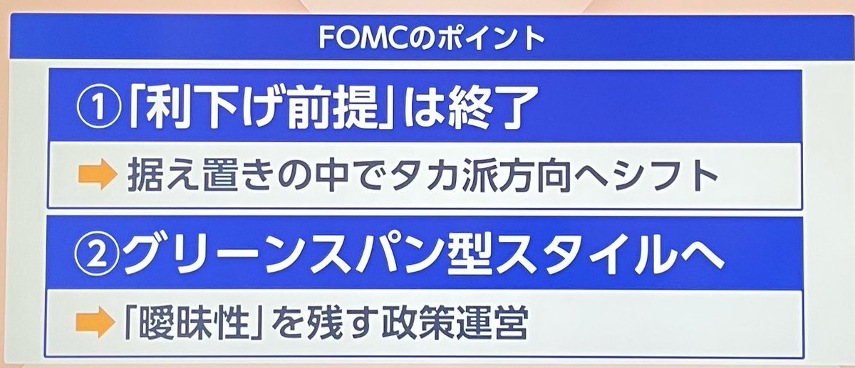 SS49196700's tweet photo. FOMCのポイント☑️
①利下げ前提は終了
②グリーンスパン型スタイルへ https://t.co/l0SwlU0Qf4