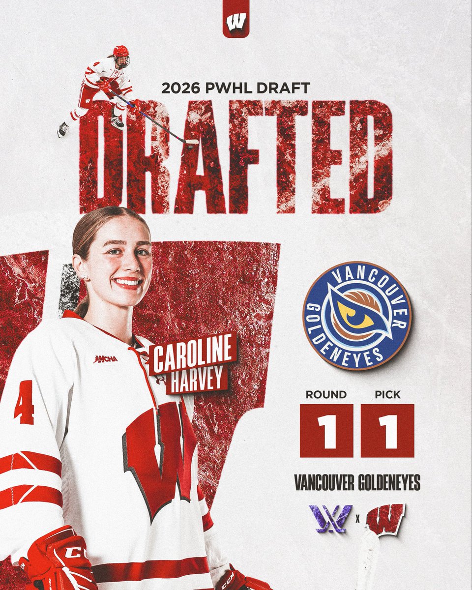 BadgerWHockey's tweet photo. FIRST OVERALL ☝🏼🎉

Caroline Harvey becomes the first-ever Badger to be selected first in the PWHL Draft! https://t.co/p16wyqHnFD