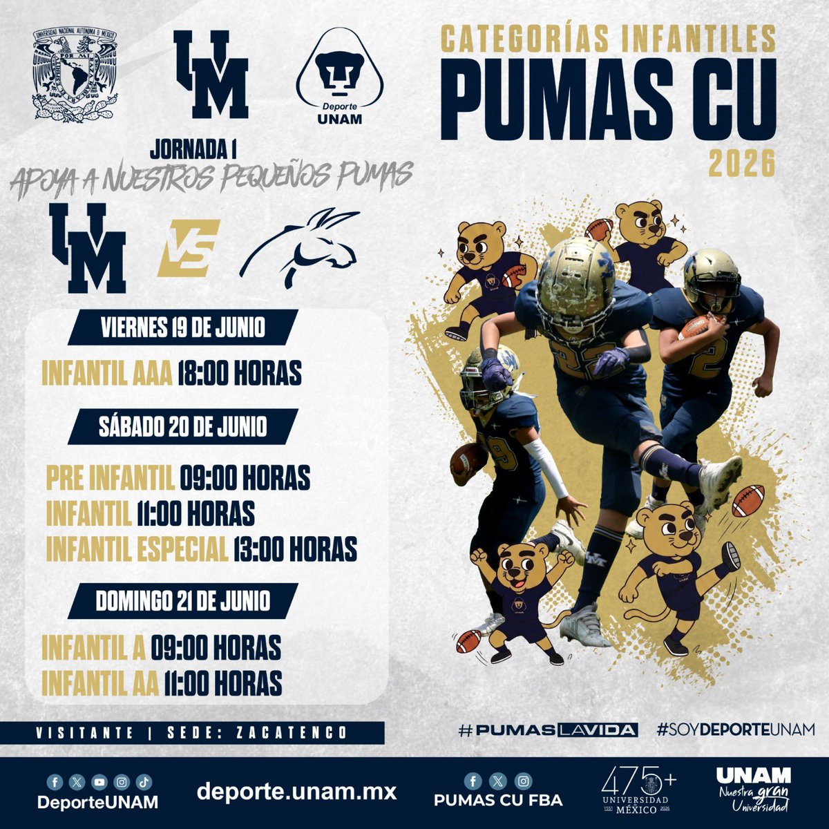 PumasCU_fba's tweet photo. 🏈🐾 ¡Inicio de temporada!

Acompaña este 2026 a nuestros pequeños pumas. Las categorías infantiles de Pumas CU se enfrentan en la Jornada 1 a los Burros Blancos del IPN. 

Armados de gran valor. 💙💛

#PumasLaVida #SoyDeporteUNAM https://t.co/obWJY4tz6c