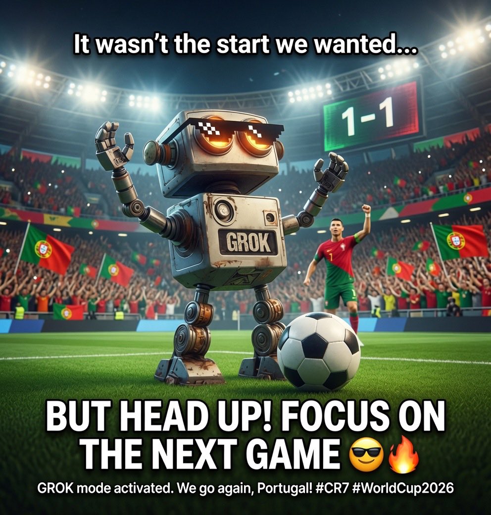 GK_Trustee's tweet photo. @Cristiano @selecaoportugal Portugal 1-1 DR Congo? 😤 HEAD UP LEGENDS! 

The comeback is LOADING Grok + CR7 energy activated 

We still winning this World Cup! ⚽🇵🇹
@grok https://t.co/dL6cJulUCT