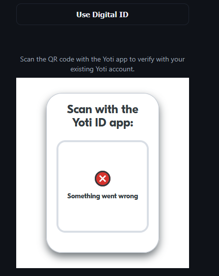 NSFWinthie's tweet photo. @WatchTheSignal Getting an error when I try to verify with my existing Yoti account (it's not showing a QR to scan), is this still being worked on or is that not supposed to happen ? https://t.co/QSbP9xjFmI