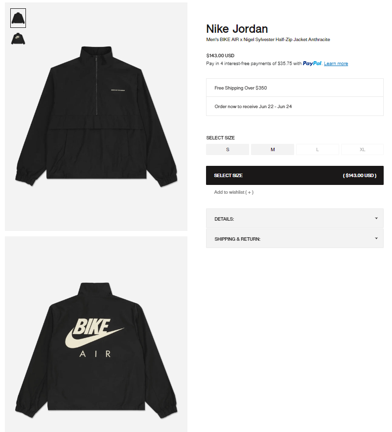 Ad: Sizes S & M Only BIKE AIR x Nigel Sylvester Half-Zip Jacket