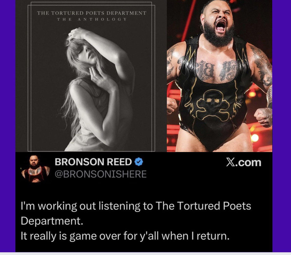 PoppPulse's tweet photo. Bronson Reed WWE Superstar says he’s working out while listening to The Tortured Poets Department by Taylor Swift, and warns it’s “game over” when he returns. https://t.co/ZRluAwxUgu