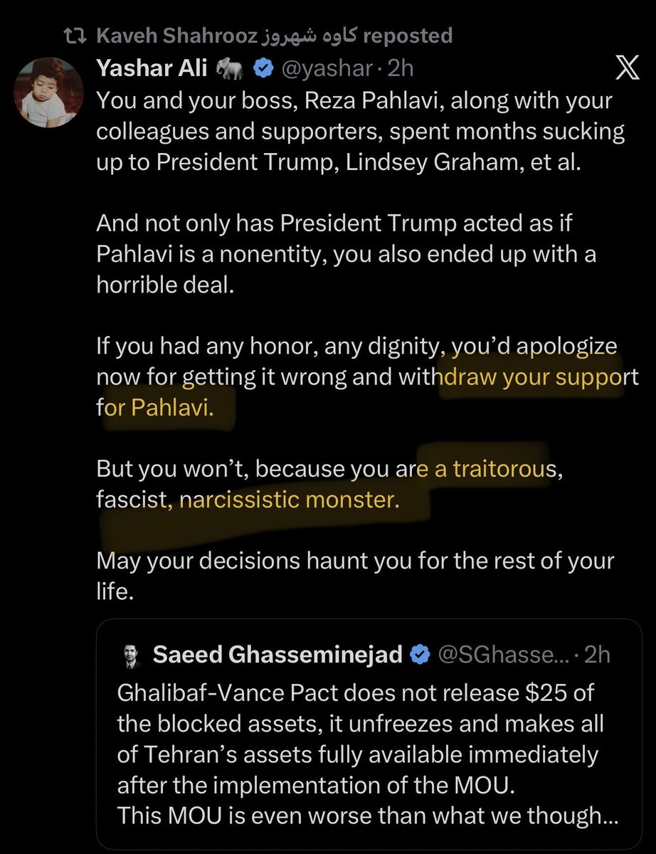 Restitutor_Iran's tweet photo. This is literally a page out of the Islamic Republic’s propaganda playbook.

Referring to Iranians and the Crown Prince, who are fighting to liberate Iran, as traitors and fascists has been one of the core propaganda strategies of the regime.

People like Yashar and Kaveh are aiding the propaganda of the regime, and it’s them who need to feel ashamed for their disgusting behavior and smears.