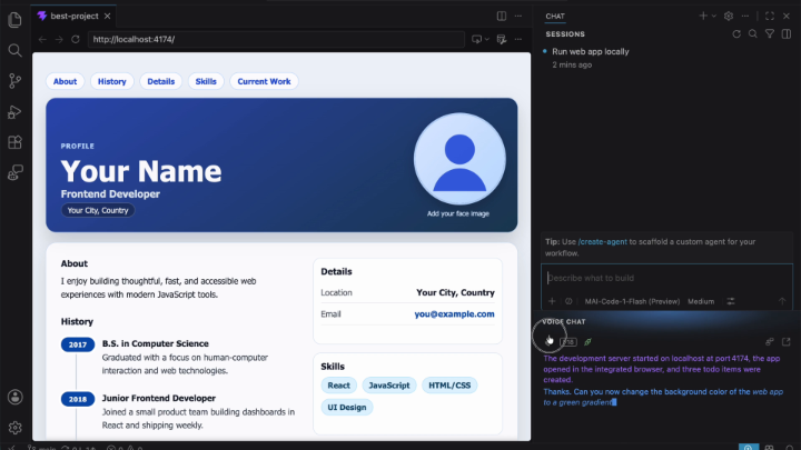What happens when speech, transcription, and coding models work together? This prototype demo, built using a VS Code fork, showcases how MAI-Transcribe, MAI-Voice, and MAI-Code-1-Flash can work togeth