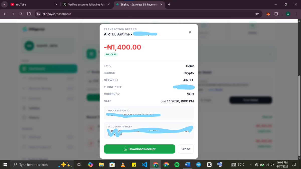 Rae_codes's tweet photo. Payment just got easier with @SliqPay 
Just bought airtime on the platform and I'm genuinely impressed. The process was fast and smooth.
If you're looking for a seamless way to make payments, give it a try and let me know what you think 👇
https://t.co/i8IlQbYXBp https://t.co/Sra3tRTDKz