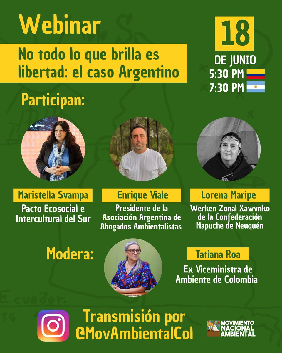 MovNalAmbiental's tweet photo. #InstagramLive 
"No todo lo que brilla es oro: el caso Argentino"
Mañana 18 de junio
5:30 pm 🇨🇴
7:30 pm 🇦🇷
Por nuestro perfil de Instagram con invitados de lujo 👇🏼
https://t.co/S2fdcWvjy8 https://t.co/xQxc5yyYzR