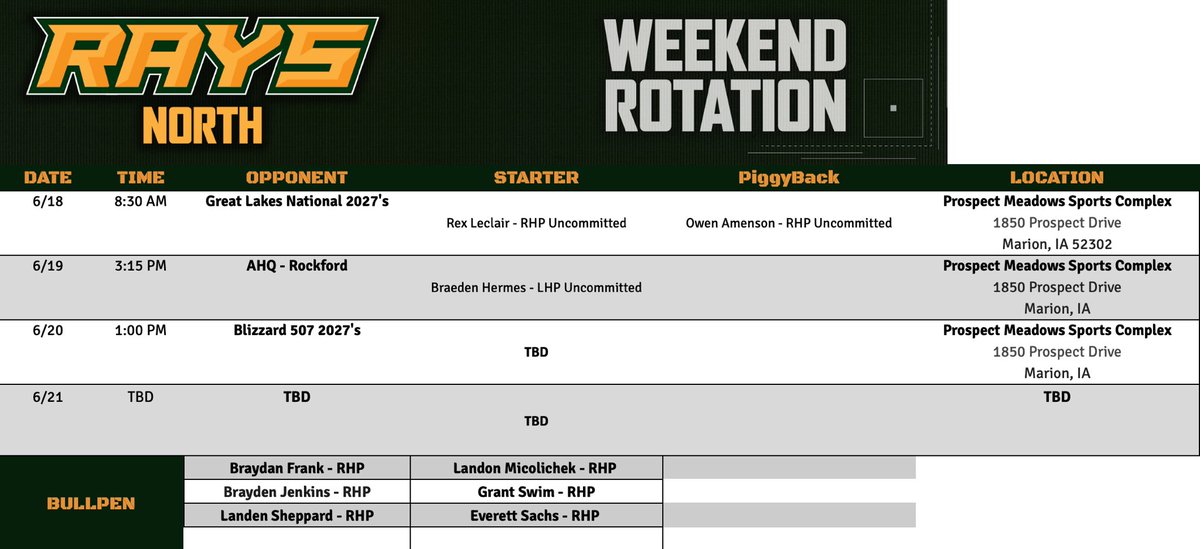 RaysNorth's tweet photo. GRB North 17u Yellow Schedule and rotation for the upcoming weekend at the @IowaPG Event! #RaysYourGame https://t.co/s65Uo818KY