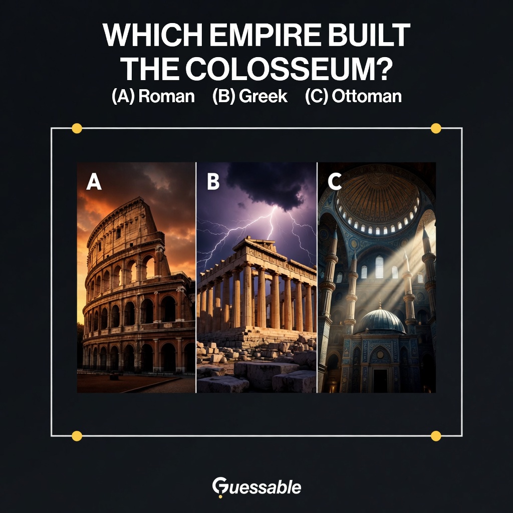 itsguessable's tweet photo. Which empire built the Colosseum?

A) Roman
B) Greek
C) Ottoman

Reply below what you think! https://t.co/WWux06O1cb