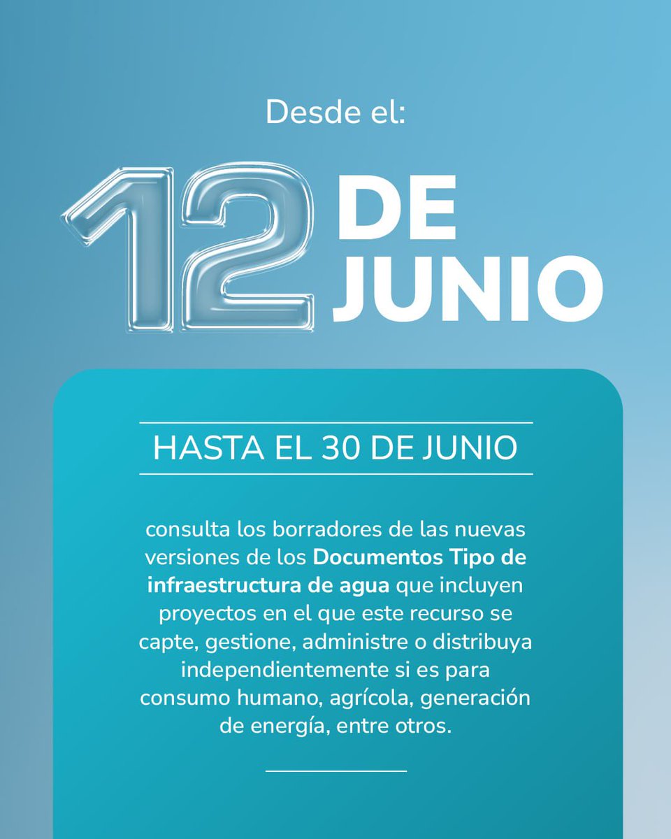 colombiacompra's tweet photo. Desde el 12 de junio están disponibles para consulta los borradores de las nuevas versiones de los Documentos Tipo de infraestructura de agua, aplicables a proyectos relacionados con la captación, gestión, administración y distribución de este recurso.

🔗 https://t.co/xcbDbXcpVs https://t.co/1wctkW5GAQ