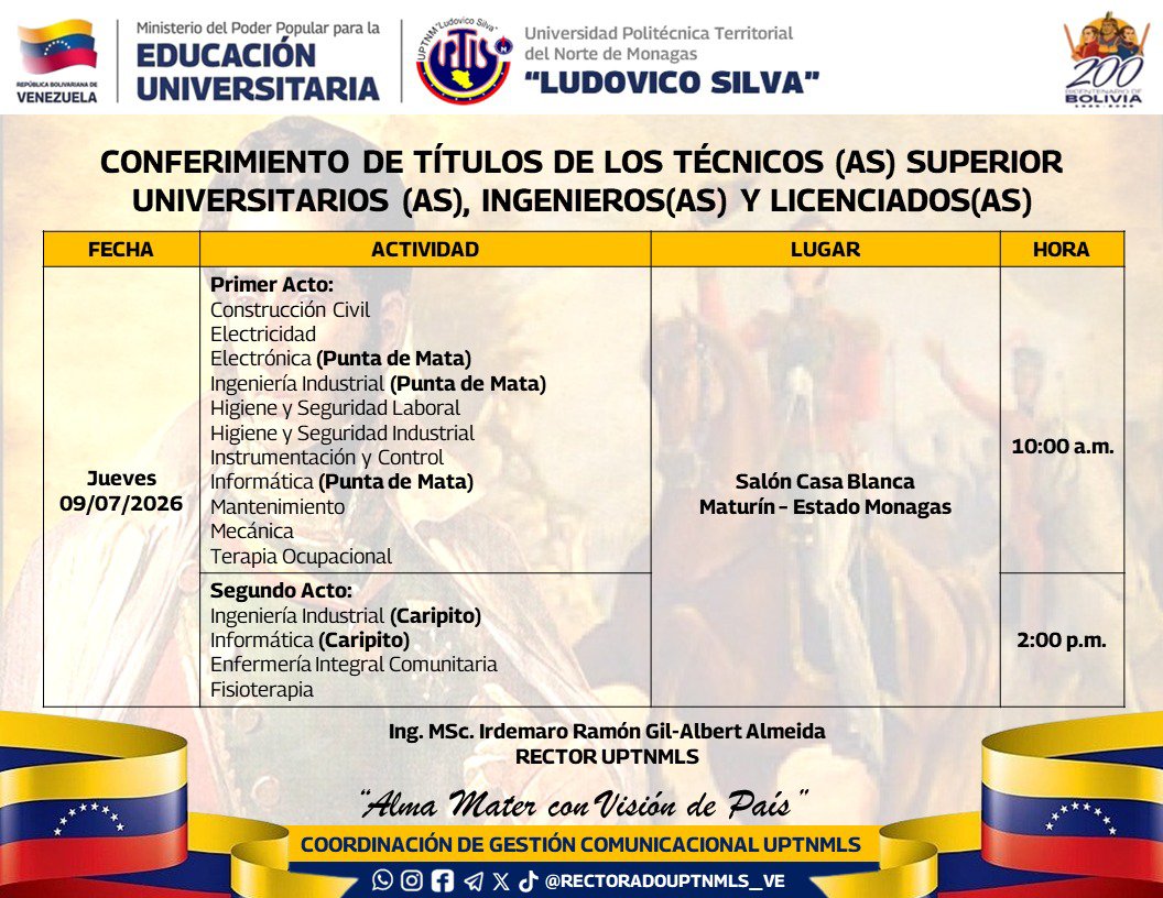 RECTORADOUPTNM's tweet photo. CRONOGRAMA OFICIAL – ACTO DE GRADO UPTNMLS 2026-I

¡Somos fuerza académica, somos UPTNM "LUDOVICO SILVA"!

#14aniversarioUPTNMLS
#FuerzaAcadémica
#SomosUPTNMLS
#SomosTerritorioUPTNMLS https://t.co/qJeavi5Fnt