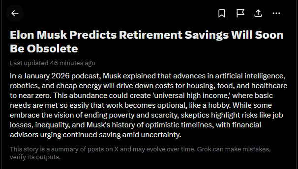melazeqb's tweet photo. ELON MUSK IS TELLING US TO GO ALL IN AND NOT SAVE FOR RETIREMENT??

Elon is basically saying that AI will be so good that everybody will be paid and we can go all in

"There will be no poverty in the future and so no need to save money"

GIGA NARRATIVE FROM ELON, TRENDING ON X TOO!!

https://t.co/yl8aGFnGgQ