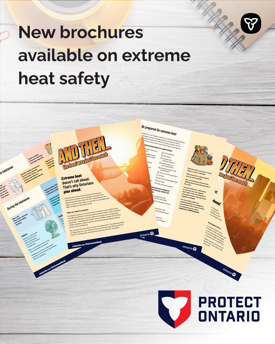 Brochures on extreme heat safety displayed on a table. Text: New brochures available on extreme heat safety 