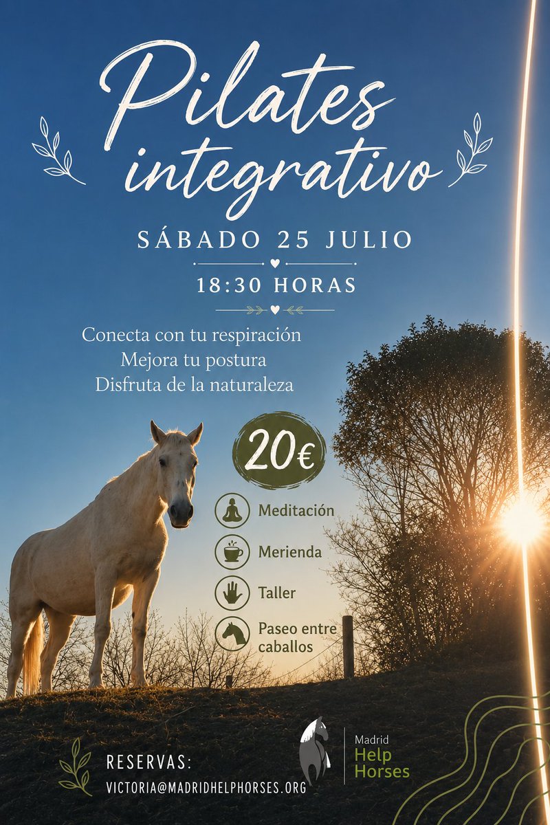 MadHelpHorses's tweet photo. ¿Te apetece una tarde de Pilates, meditación, naturaleza y caballos en libertad? 🧘🏻‍♀️🌳🐎
Te invitamos a nuestra experiencia única de Pilates/meditación en apoyo a nuestros caballos, yeguas y burritos de Madrid Help Horses.
🗓️ Sábado 25 de Julio a las 18:30h https://t.co/1K6mgvw8xi