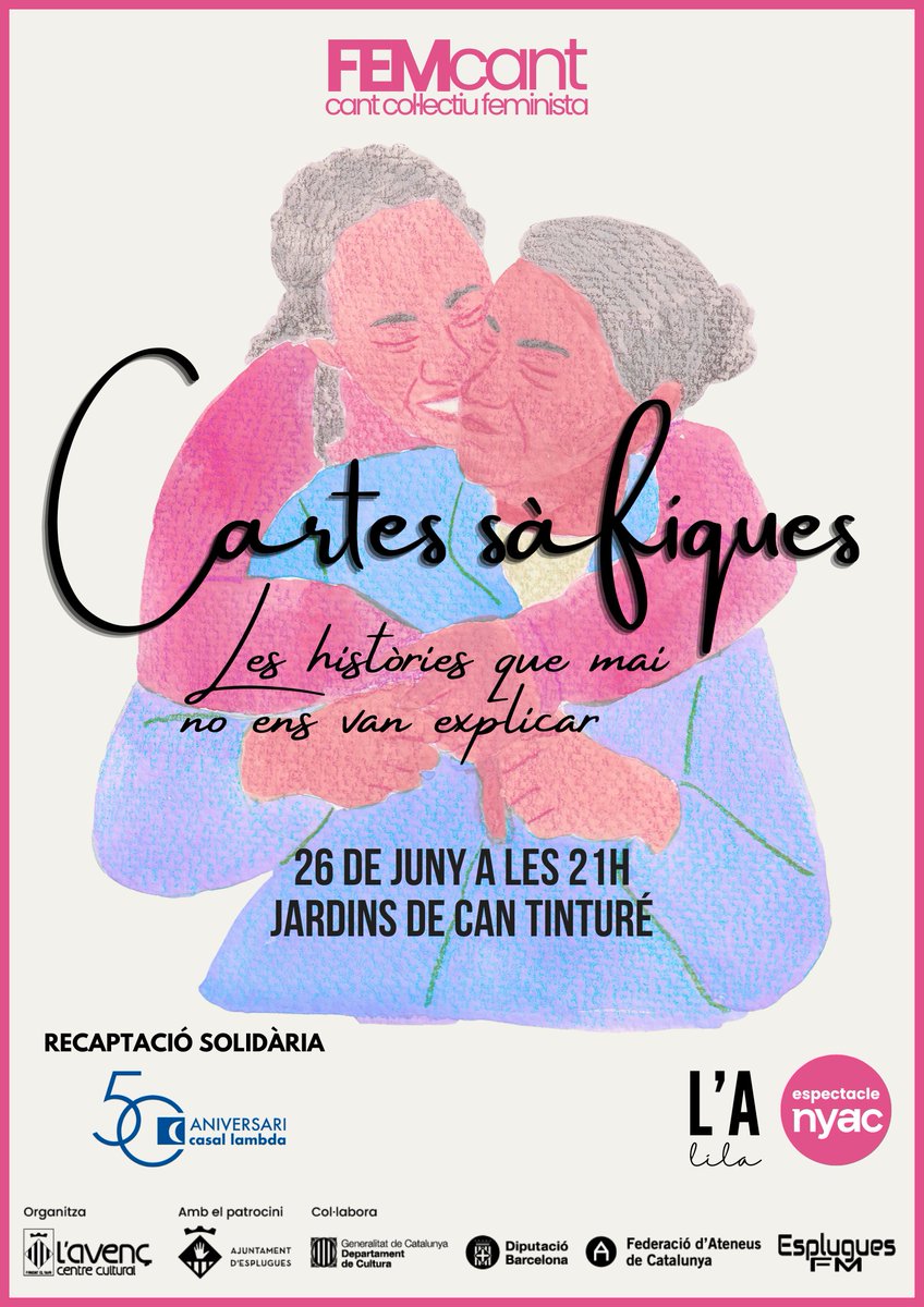 CasalLambda's tweet photo. El Casal és entitat beneficiària del concert "Cartes sàfiques. Les històries que mai no ens van explicar". Recital resultat del taller "FEMCant, cant col·lectiu feminista" a l'Avenç Centre Cultural d'Esplugues de Llobregat. Vine!
📅26/06/2026 a les 21h
📍Jardins de Can Tinturé https://t.co/GuoJF1nZnN