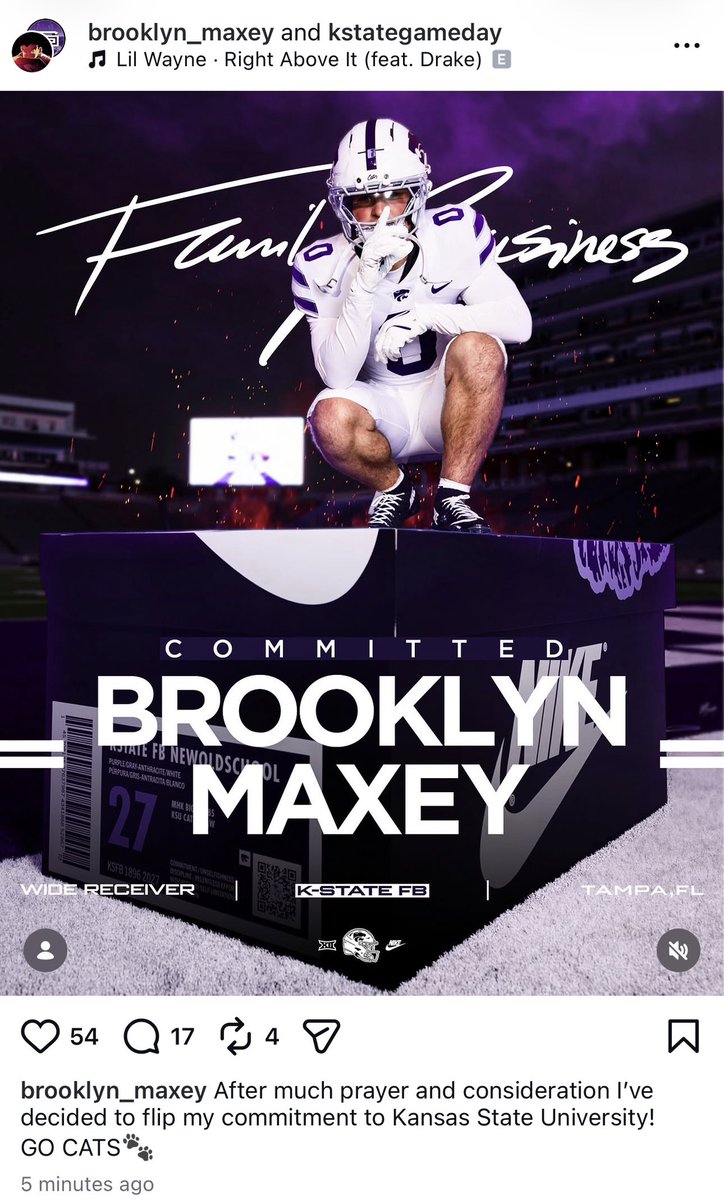 KellisRobinett's tweet photo. Kansas State’s 2027 recruiting class continues to grow (fast and furiously) with the addition of former Louisville pledge Brooklyn Maxey https://t.co/S8zgxMqCM9