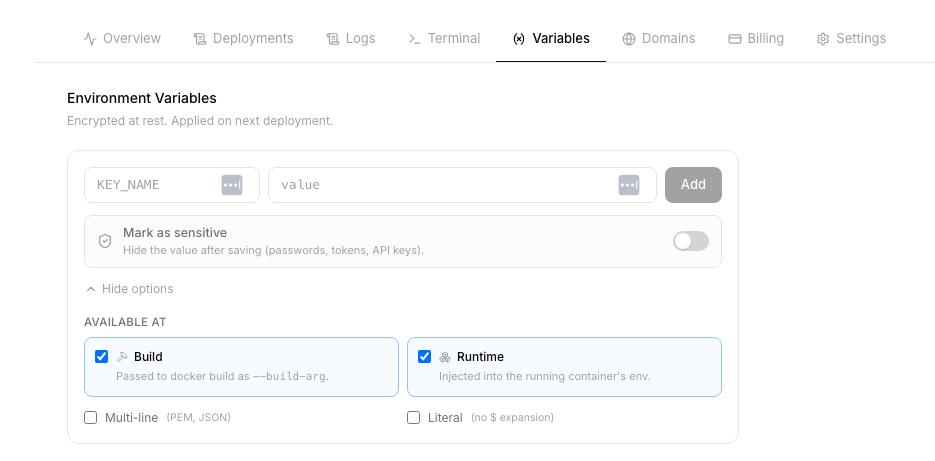 arowolodaniel's tweet photo. But now, we now support more variables configurations for your environment. Buildtime variables can be scopped separately to runtime variables. With more support to variables types like multiline JSON support and literal expansion. https://t.co/0A6ponivEh