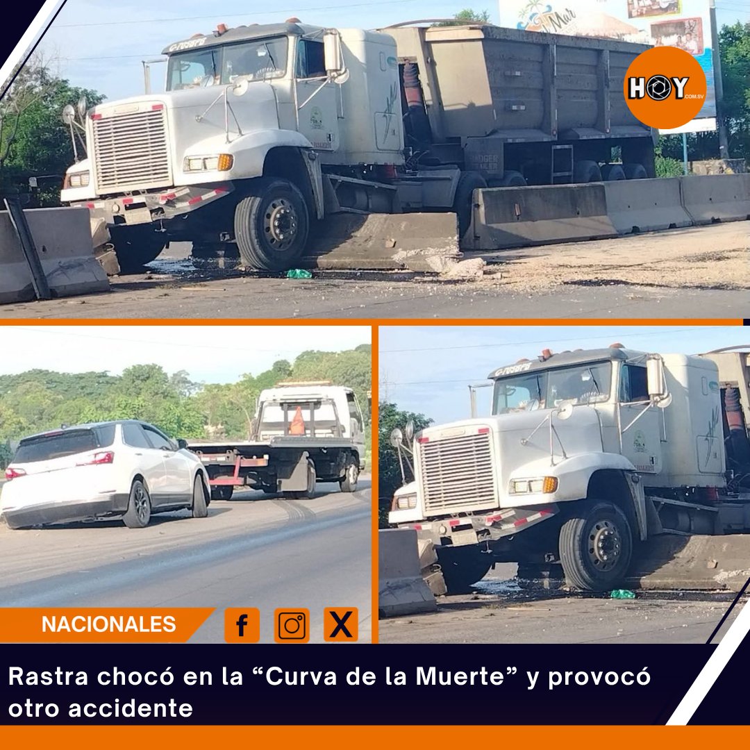 hoycomsv's tweet photo. #Sonsonate 🚛⚠️ Una rastra chocó contra los separadores en la “Curva de la Muerte”, en Nahulingo, y derramó aceite sobre la carretera, provocando otro percance vial. 🚧👮♂️
#AccidenteVial #Nahulingo #TráficoSV #PrecauciónVial #ElSalvador 🚛🚨
📝AR https://t.co/Ts7bTMHcYI