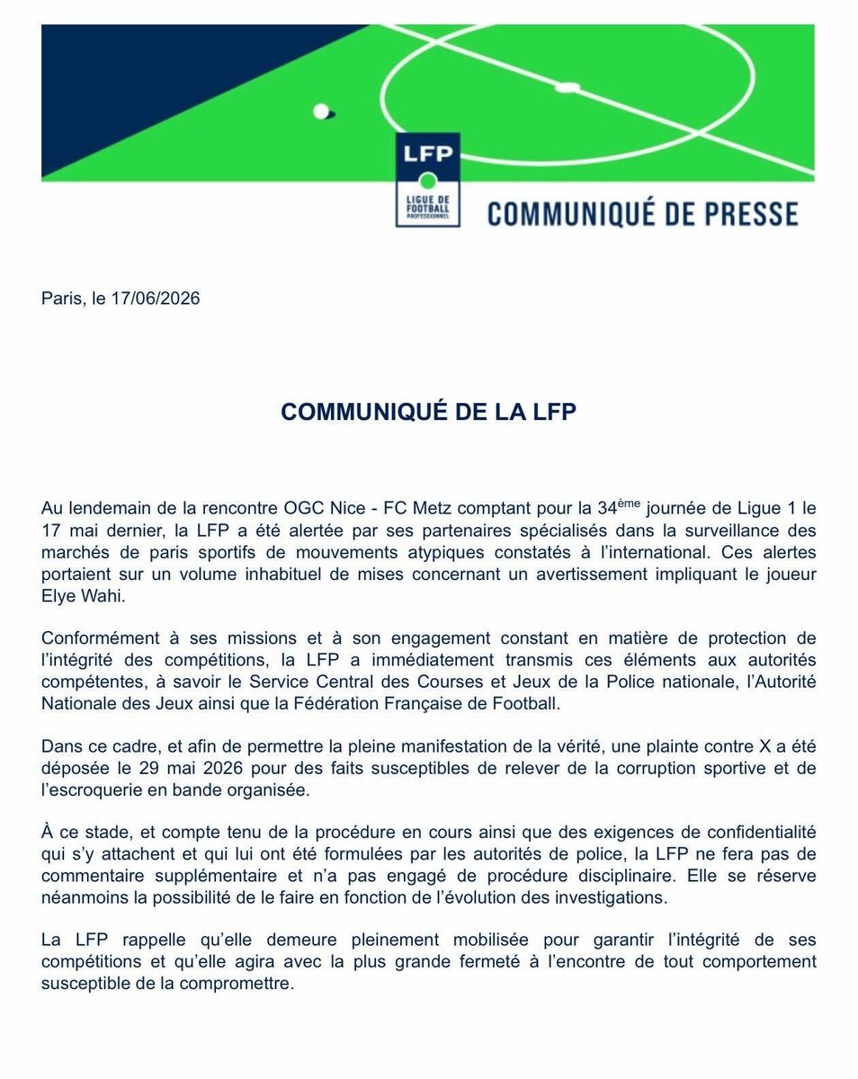 jwhitey98's tweet photo. NEW: Ligue 1 confirms suspicious betting patterns involving Elye Wahi were forwarded to French authorities.

Prosecutors confirmed to @TheAthleticFC that a 23-year-old was subsequently arrested on May 29.

Full story below: https://t.co/SphKKOdM6I