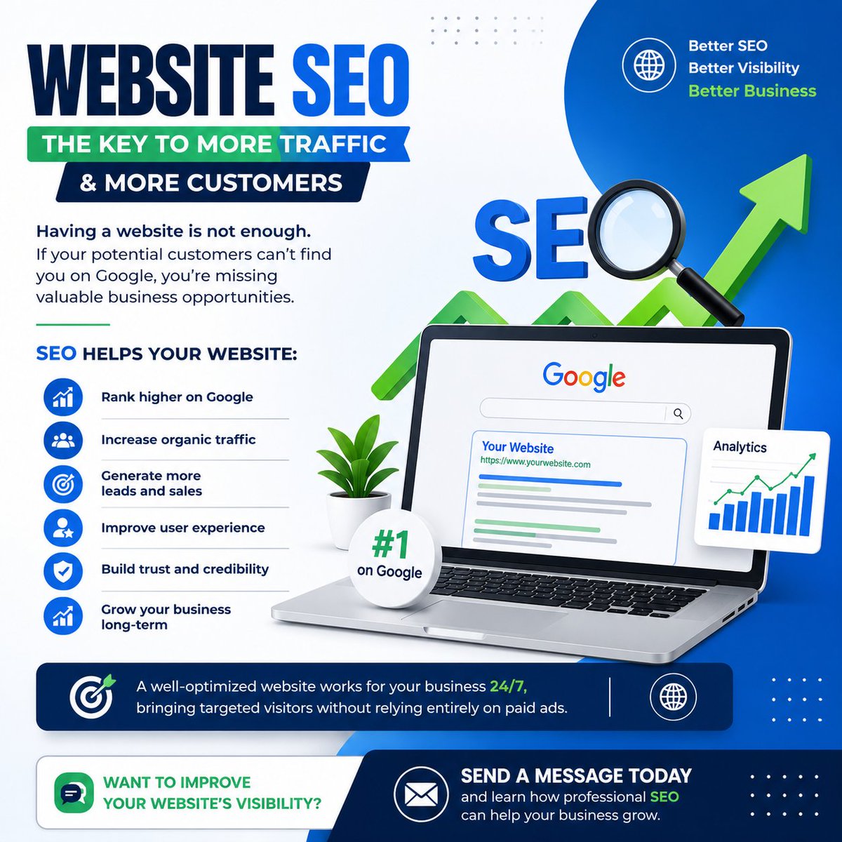 seoexperthtt's tweet photo. Website SEO: The Key to More Traffic &amp; More Customers

Having a website is not enough. If your potential customers can't find you on Google, you're missing valuable business opportunities.

SEO (Search Engine Optimization) helps your website:

✅ Rank higher on Google https://t.co/TLr8qbmiUG