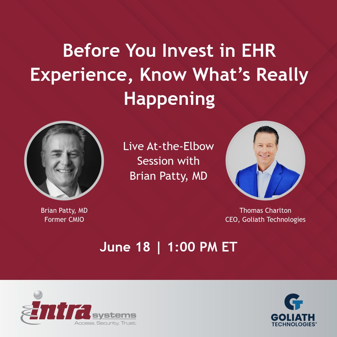 Intra_Access's tweet photo. Make smarter EHR optimization investments with new digital experience data. Join Brian Patty, MD, on June 18 for the live session.

Register: https://t.co/lBZLLJM3FE

#HealthIT #GoliathTechnologies https://t.co/rdDKNIyjho
