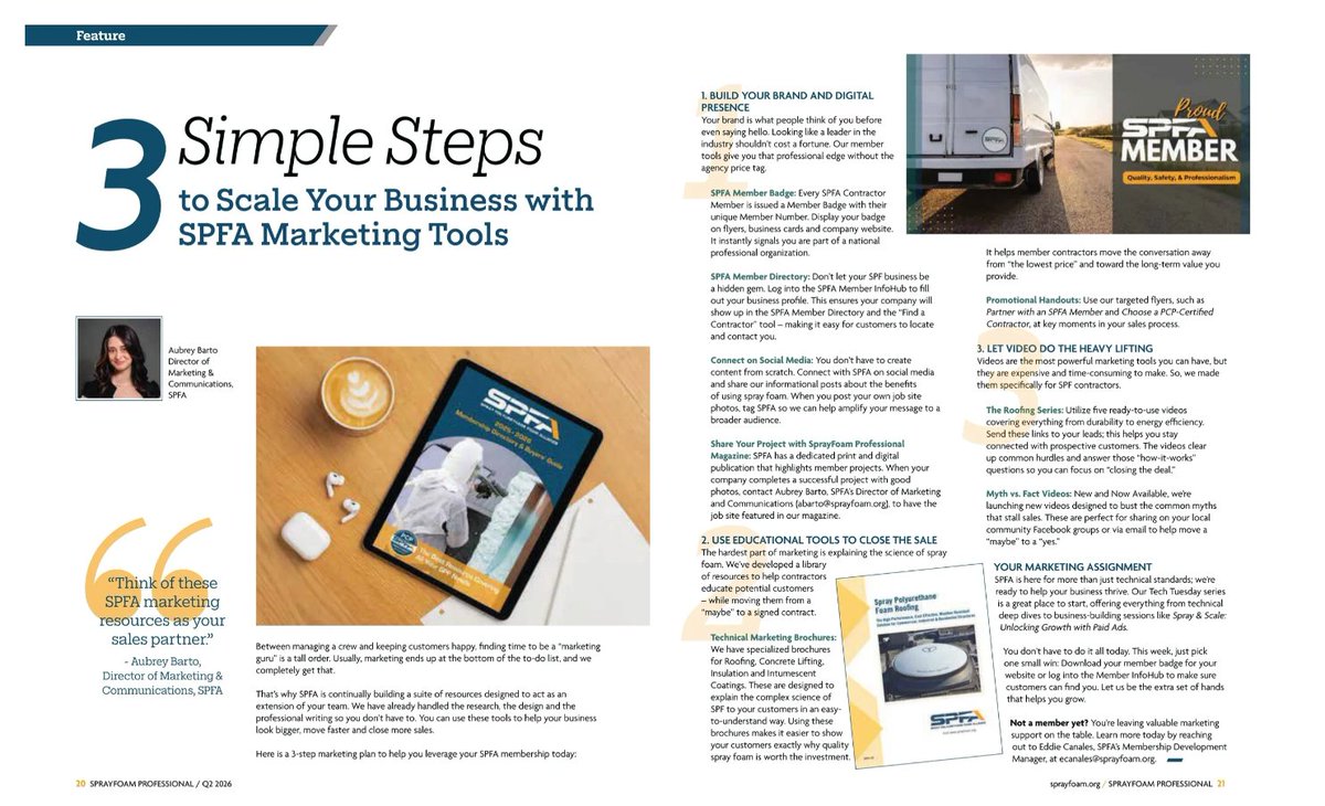 TheSPFA's tweet photo. In the latest issue of SprayFoam Professional, Aubrey Barto, SPFA Director of Marketing &amp; Communications, outlines 3 Simple Steps to leverage SPFA resources as an extension of your sales team.

Read the article: https://t.co/dvo9LNs1Za

#SPFA #SprayFoam #FoamItRight https://t.co/udj1sIHseU