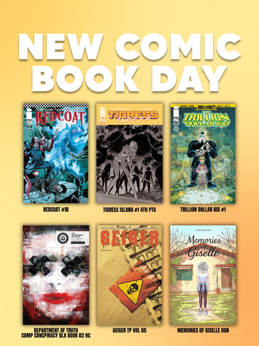 ImageComics's tweet photo. This week, THE TRILLION DOLLAR KID #1 not only launches a new series, but also kicks off Part One of THE UNBELIEVABLES! Katia Vecchio brings us the emotionally gripping original graphic novel MEMORIES OF GISELLE. Plus, ODIN #2 arrives this week.
https://t.co/LBd8a5kJfA https://t.co/cMvsBtUKVH