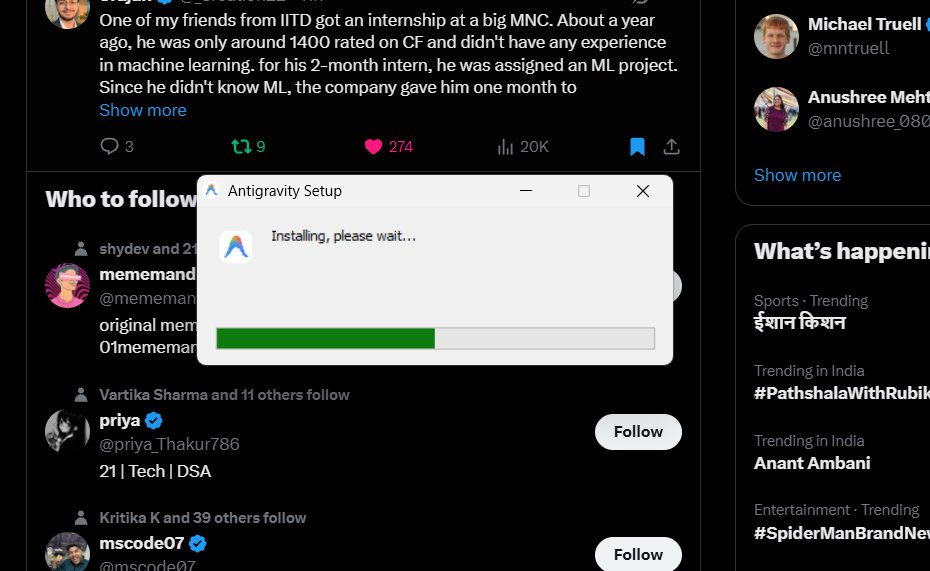 Screenshot showing Google Antigravity stalled during installation, later clarified in replies by users saying Antigravity and Antigravity IDE may now be separate installs