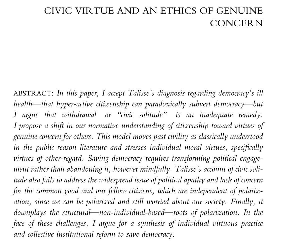 CritRevJournal's tweet photo. @JMaskivker discusses @RobertTalisse's vision of citizenship in his new book @CivicSolitude https://t.co/qlX3dzn3Fg