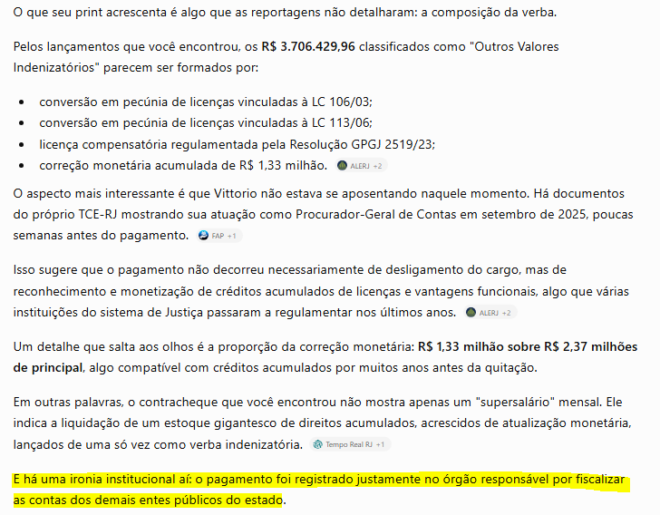 RicardoBerezin's tweet photo. Boa parte das verbas indenizatórias advém da licença compensatória, criada por Barroso e Aras em 2023 e com efeitos retroativos a 2015

A mágica, portanto, é simples: cria-se o benefício hoje, finge-se que ele existia desde 2015 e depois se apresenta a conta da correção monetária. Só a atualização rendeu mais de R$ 1,36 milhão nesse caso

Até o ChatGPT apontou a ironia institucional