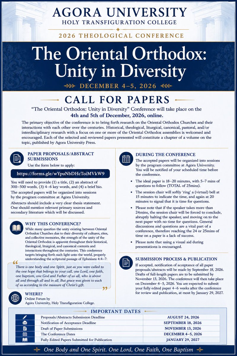 MichaelMeshreki's tweet photo. CALL FOR PAPERS
“The Oriental Orthodox: Unity in Diversity” Conference will take place on the 4th and 5th of December, 2026, online.

Please see the attached flyer and submission link.
https://t.co/ni5Ykk2XP5 https://t.co/jiKETSirSM