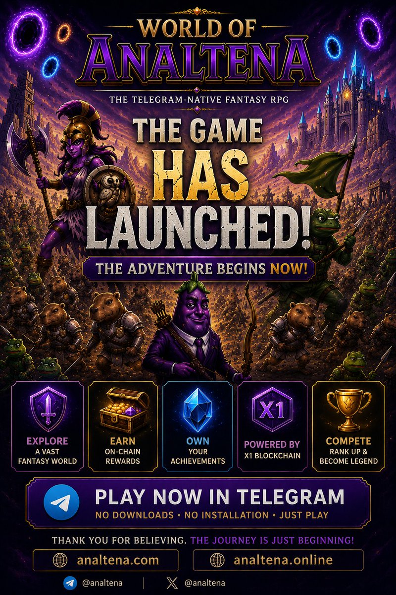 Analtena's tweet photo. 🔥 WE ARE LIVE! 🔥

World of Analtena has officially launched.

⚔️ Adventure
💎 Rewards
🏰 Fantasy World
🚀 Telegram-Native RPG

The first heroes are already entering the realm.

Will you join them?

🌐 https://t.co/7VqDS6mkt4
📱 @analtena

YOUR LEGEND BEGINS HERE.

https://t.co/C8sVzWxCgf

@mrJackLevin