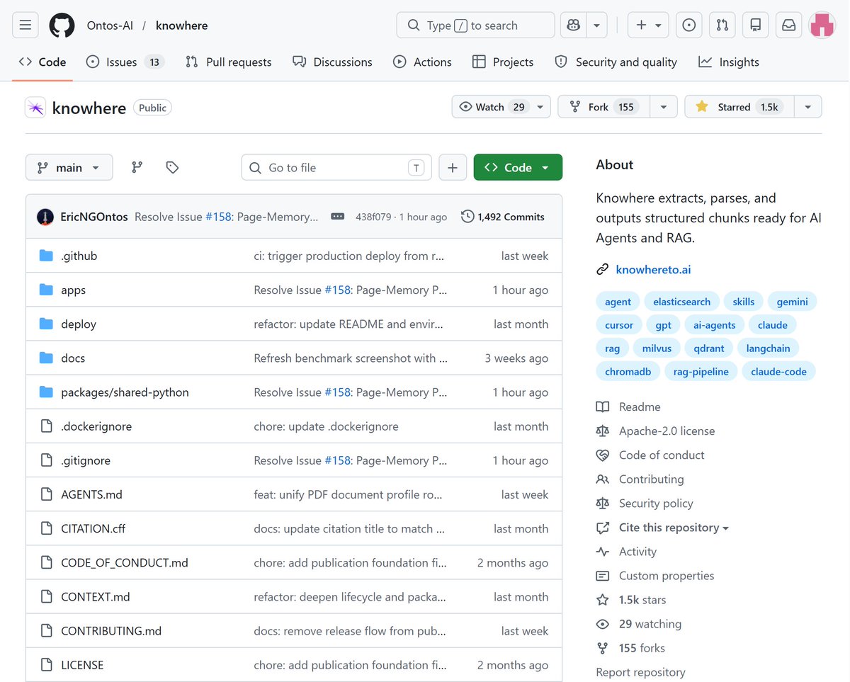 ericwu_ai's tweet photo. Knowhere just crossed 1,500 GitHub stars about a month after we open-sourced it. 🚀

One question I keep getting is:

“How is it different from MinerU?”

My answer: MinerU solves parsing. We're solving what comes after parsing.

Converting a PDF into Markdown is only the beginning. Once you chunk it for RAG, you lose hierarchy, context, table relationships, image semantics, and cross-document links.

That's exactly where many AI Agents start to fail.

Knowhere rebuilds document structure into an AI-native memory layer, preserving navigation paths, multimodal relationships, and semantic context so agents can retrieve and reason instead of stitching together random chunks.

We're not trying to replace great parsers like MinerU.

We're trying to bridge the gap between "document parsing" and "documents that AI can actually use."

The response from the open-source community has been amazing. 1,500 ⭐ is just the start.

The bottleneck for Agentic RAG isn't always the model. Sometimes it's how we prepare memory.

🔧GitHub：https://t.co/lBPvuBAW66

🌐Knowhere：https://t.co/1S296roKae

Know more about Knowhere👇
https://t.co/qmTCVMcX2M