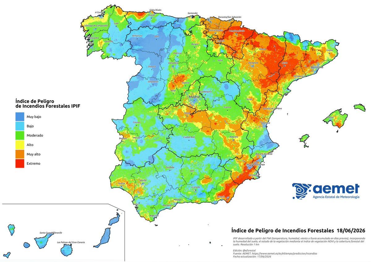 eforestal's tweet photo. 🔥Índice de Peligro de Incendios Forestales según
@AEMET_Esp en 🇪🇸España, jueves 18/06/2026 https://t.co/OzeUaKLFjT