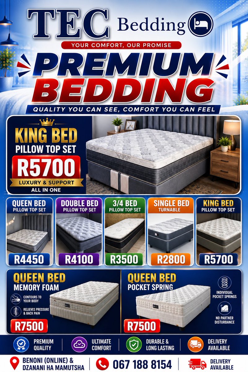 tec_cleaning_za's tweet photo. 🌙 Evening Comfort Deal!
Upgrade your sleep tonight 😴
🛏 Double Bed – R4100
👑 Queen Bed – R4450
Quality you can trust from TEC Bedding Online

📞 067 188 8154

SAPS Port Shepston #MadlangaCommission https://t.co/RVWk5v8Hl9